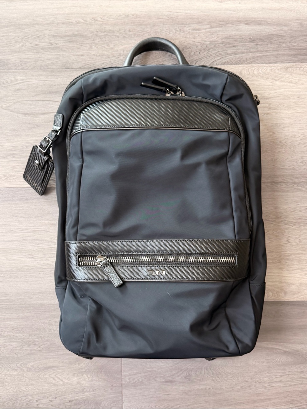 TUMI Monroe Foxwood Black Laptop Backpack Carbon Fiber Accents